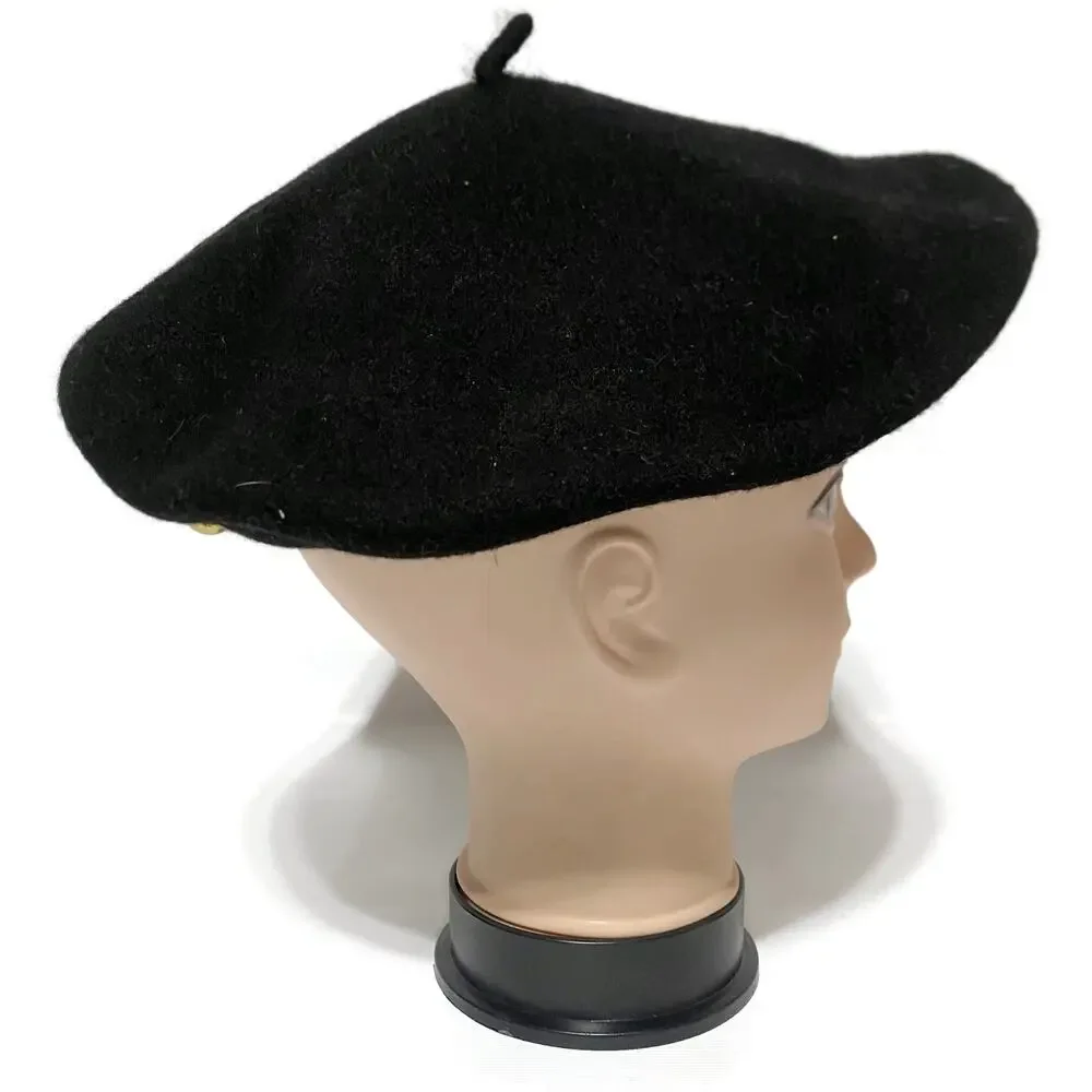 French Basque Beret Black Wool Felt Gold Accents Womens Hat Vintage
